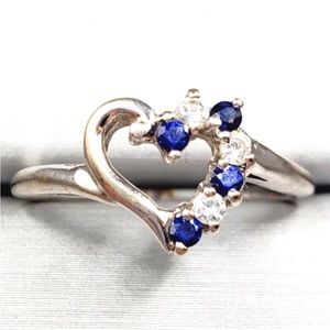 10k Solid White Gold Genuine Blue Sapphire & Simulated Diamond Heart Ring
